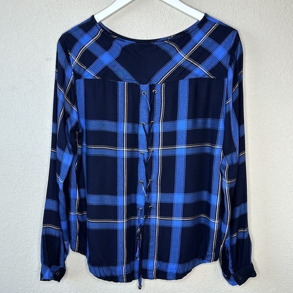 Anthropologie Cloth & Stone Blue Plaid Lace Up Back Flannel Shirt Size Medium - Picture 4 of 11